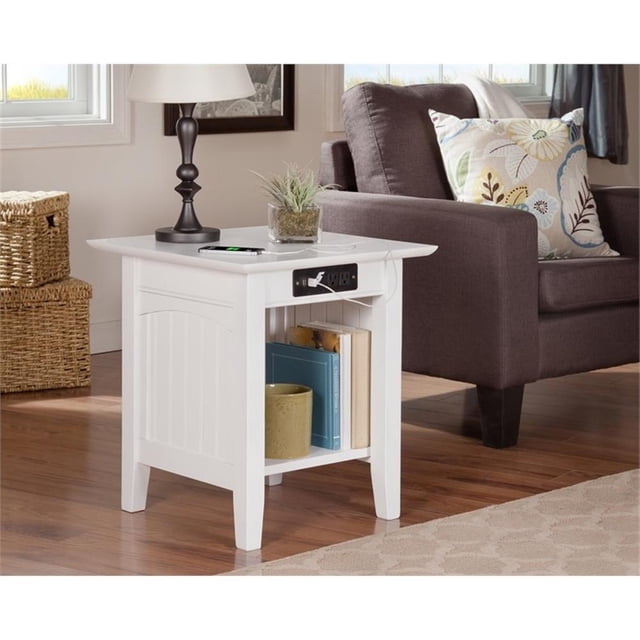 AFI Table d'Appoint en Bois Massif avec Chargeur d'Appareils Intégré, Blanc