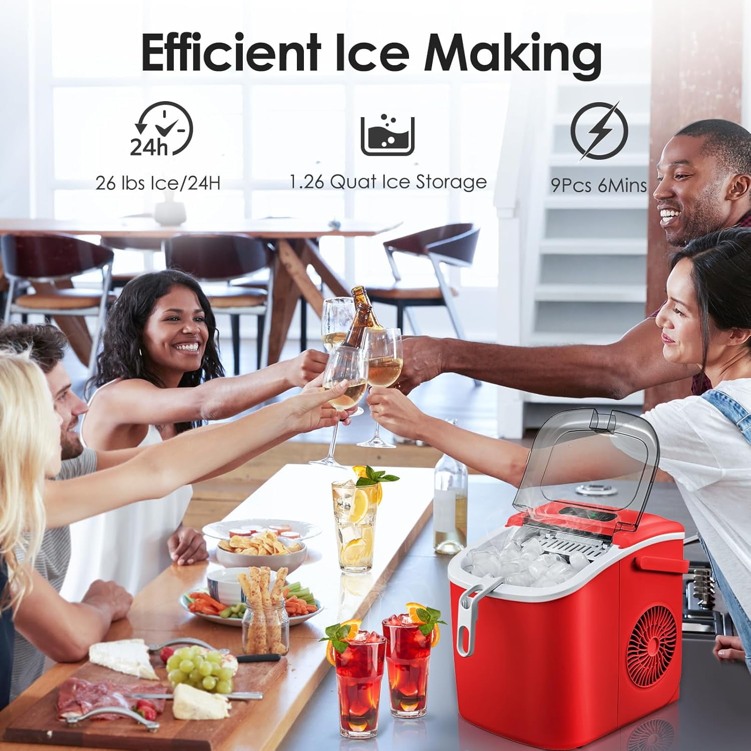 Countertop Ice Maker, Portable Ice Maker w/Handle, 6 Mins 9 Pcs Ice, 26 lbs Ice/24Hrs, Self-Cleaning, w/Ice Bags, Scoop & Basket, Ice Machine for Home/Kitchen/Office/Party
