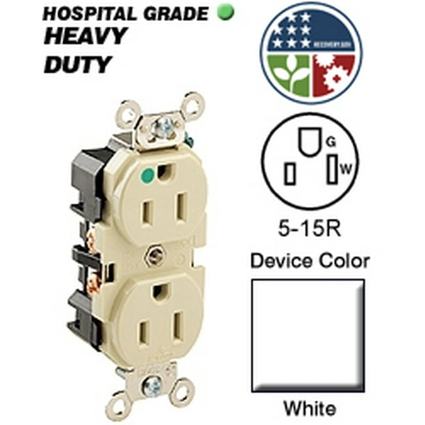Leviton 8200CW Duplex Receptacle Leaded Device Hospital Grade 515R