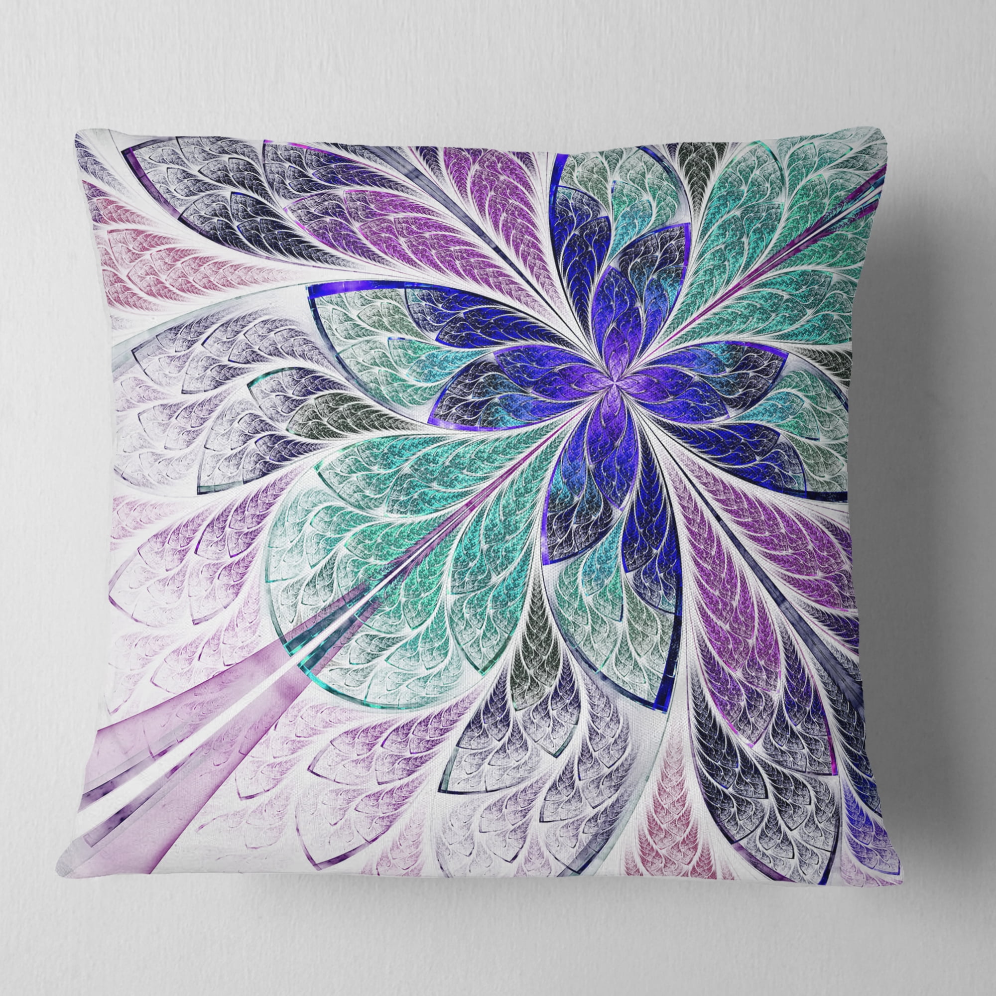 Designart 18" x 18" Contemporary and Modern Blue Fractal and Flower Polyester Throw Pillow