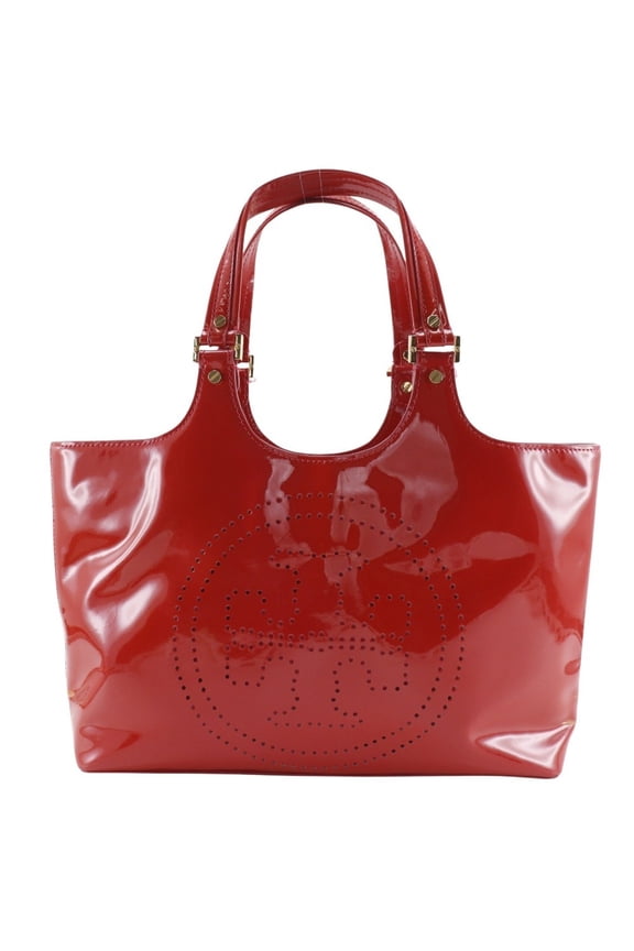 Pre-Owned Tory Burch Punching Logo Tote Bag, Red Enamel, A5 Size, Women's (Good)