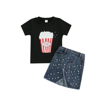 

IZhansean Baby Girl Summer Clothes Cartoon Print Short Sleeve T-Shirt Shirt Pullover Top+Denim Skirt Toddler Outfits Black 18-24 Months