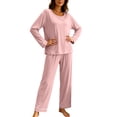 thumbnail image 6 of Ashirexll Pajamas for Women Set Solid Color Round Neck Loose Long Sleeve Top with Matching Pants Loungewear Set, 6 of 7