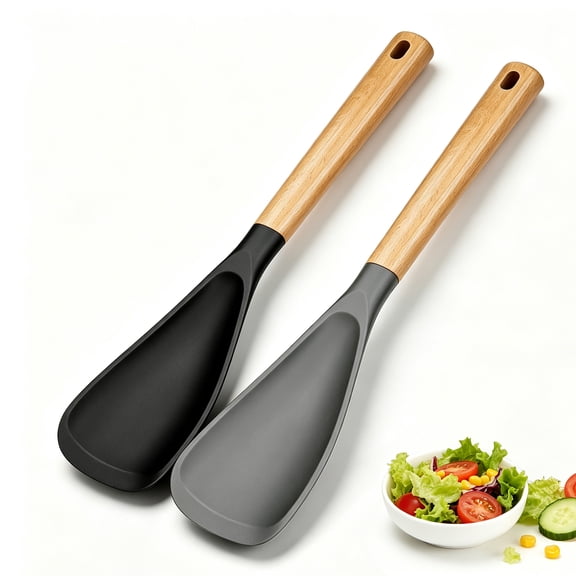 Cooking Spoon for Nonstick Cookwares, 13.4 Inch Matte Silicone Kitchen Utensil with Wooden Handle, Black & Grey Multipurpose Spoon Ideal for Mixing, Scooping and Scraping Food