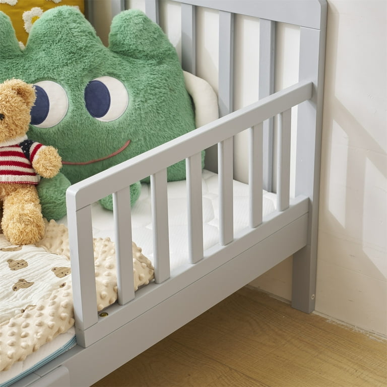 Ktaxon Toddler Bed, Solid Wood Frame, Safety Guardrails, Gray, 53