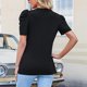 thumbnail image 3 of Mujer Cuello En V Top Mangas Cortas Puff Busto Plisado Color Puro Ajuste Suelto Verano Casual Camiseta Negro S, 3 of 5