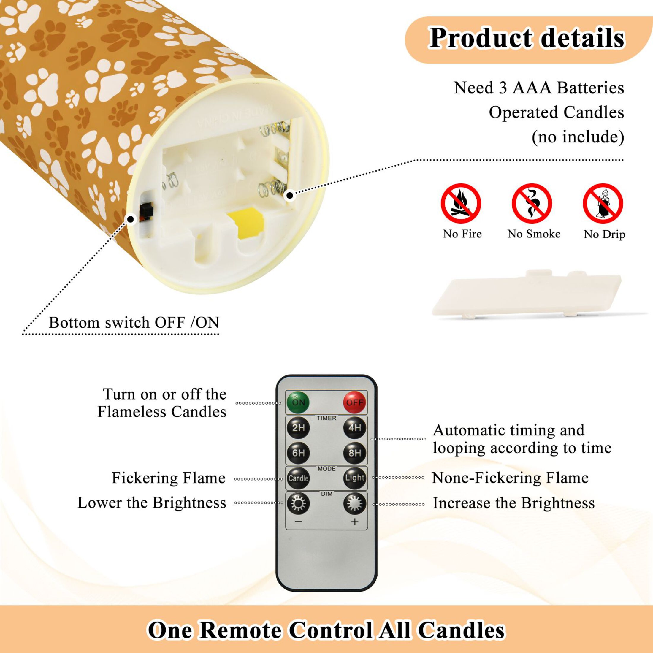 Animal Paw Prints Flameless Candles 2 PCS with Remote Realistic Moving Flame LED Tapered Pillar Set for Home Decor