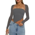 thumbnail image 2 of Women's Slim Fit Basic Tops Irregular Hem Bandeau with Long Sleeve Shrug Streetwear, 2 of 6
