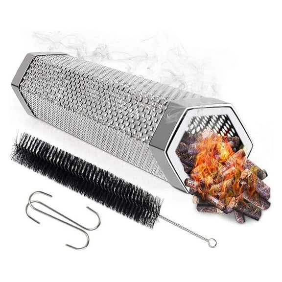 BBQ Smoker Tube 12" Stainless Steel - Portable Wood Chip Smoker for Grill, Cold & Hot Smoke - 5 Hour Smoke Time - Includes Brush & Hook