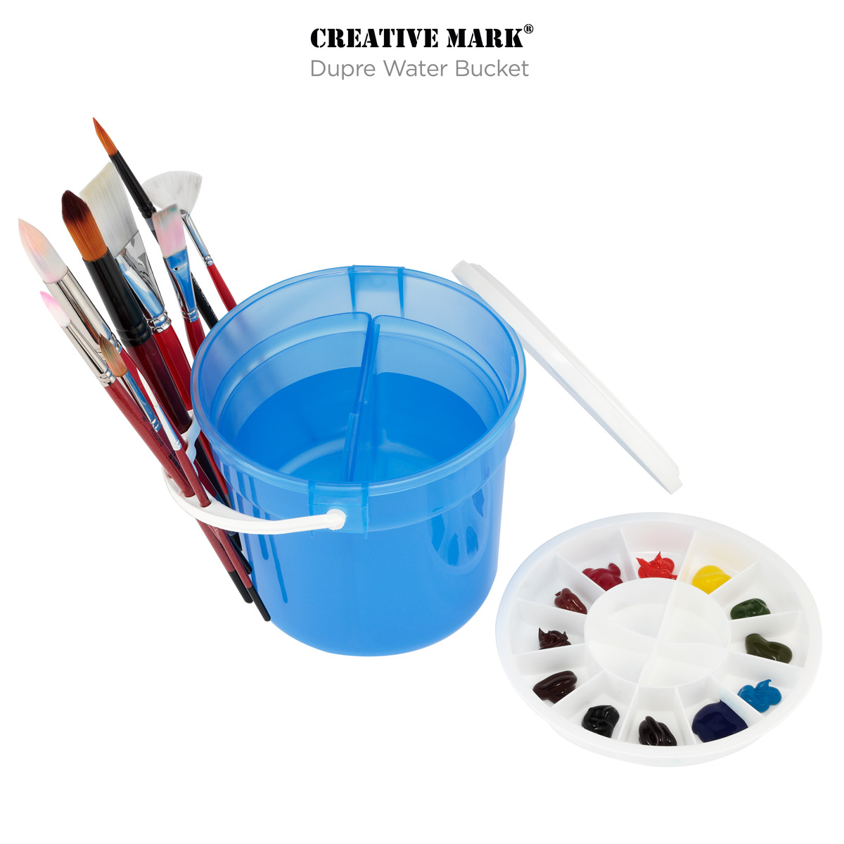 Creative Mark Dupre Art Brush Basin - 6.5" Paintbrush Water Bucket w/ Dual Half-Size Compartments, 12-Well Palette Plus 4 Interior, Deep Palette, Brush Holder Handle, Easy to Clean, Portable Design