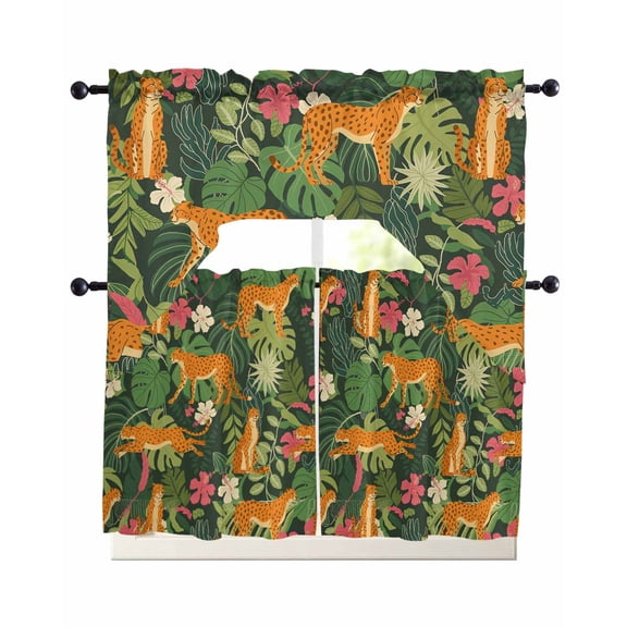 Tropical Plants Swag Curtains for Living Room/Bedroom Windows, Summer Botanical Animals Flowers Leaves Kitchen Curtains and Valances Set 36 Inch Length, Light Filtering Swags Valance Curtain Panels