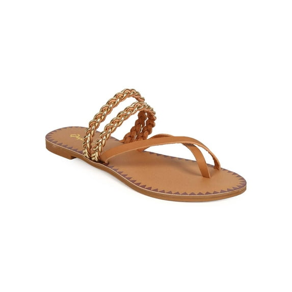 Qupid ED08 Women Leatherette Toe Ring Woven Braided Slip On Sandal - White (Size: 8.0)