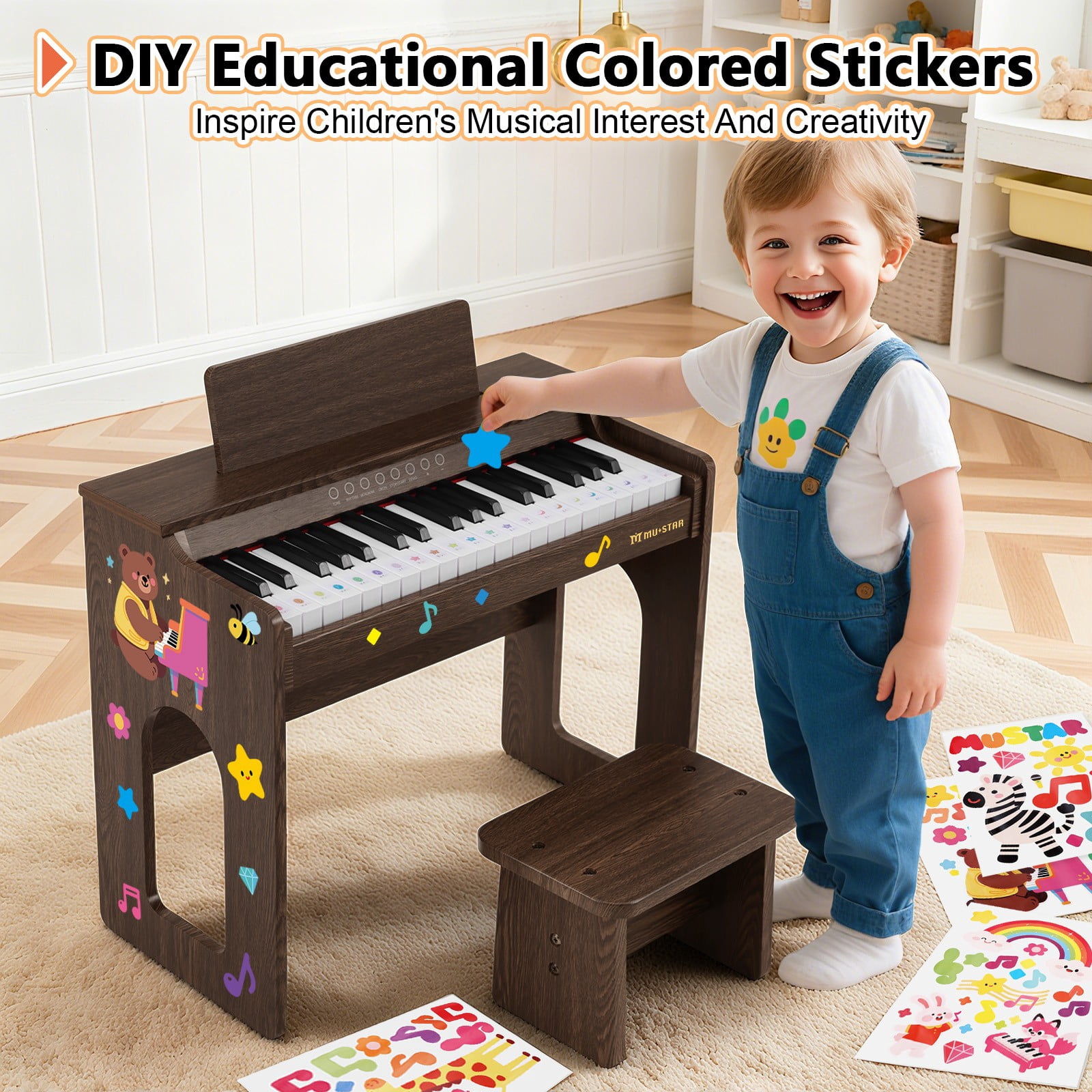 Brown 37Keys Kids Digital Piano Keyboards Wooden Toys Toddler Gifts for Music Education w/Bench,Stickers