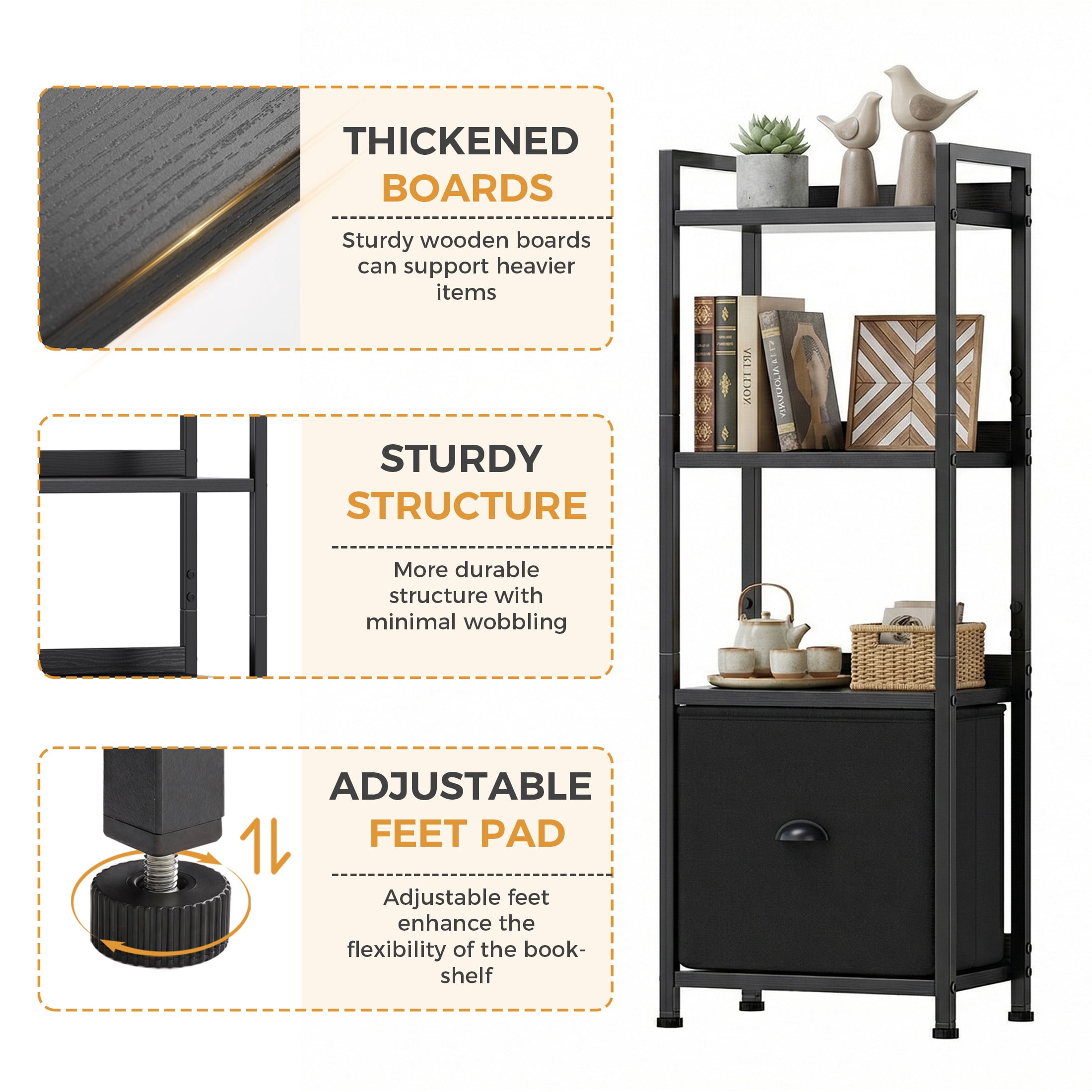 EDX 4 Tier Bookshelf with Drawer, 43''Tall Narrow Bookcase with Shelves, Industrial Display Standing Shelf Unit for Bedroom, Living Room, Black