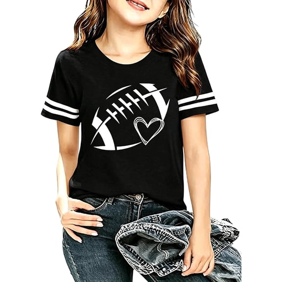 Kiijoy Girls Football Graphic Tee Short Sleeve Crewneck T Shirt Top, Black, Sizes 2-3