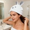 thumbnail image 2 of FEOLGEHLY Absorbent Coral Fleece Drying Hair Towel Wrap for Women, Plush Fast-Dry Turban Wrap Cap with Cute Rabbit Cartoon Design, Soft Hair Drying Towels for Bath and Travel (White), 2 of 7
