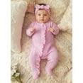 thumbnail image 6 of RUINIXCW Newborn Baby Girl Spring Fall Winter Clothes Outfit Knitted Footed Romper Long Sleeve Crew Neck Frills Zipped Footie Jumpsuit and Headband, 6 of 9