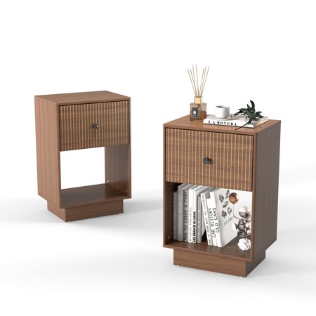 Manxile Walnut Nightstand Set of 2 with Drawer for Bedroom Wood Bedside Table with Arched Fluted