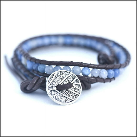 Genuine Blue Adventurine - Semi Precious Stones and Leather Wrap Bracelet
