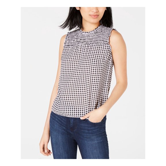 MAISON JULES $49 Womens New Black Check Ruffled Sleeveless Top L B B