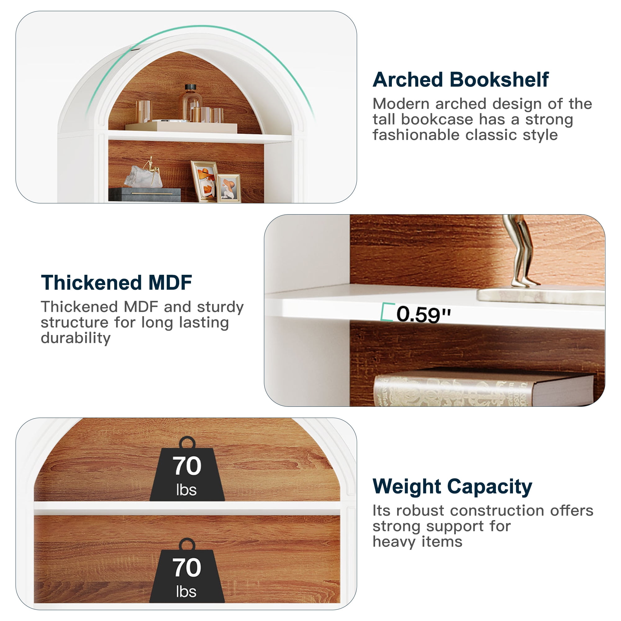 Demi Bonn 78.7" Bookshelf, 8-Tier Wooden Arched Bookcase Display Shelving Unit for Bedroom, Living Room, White