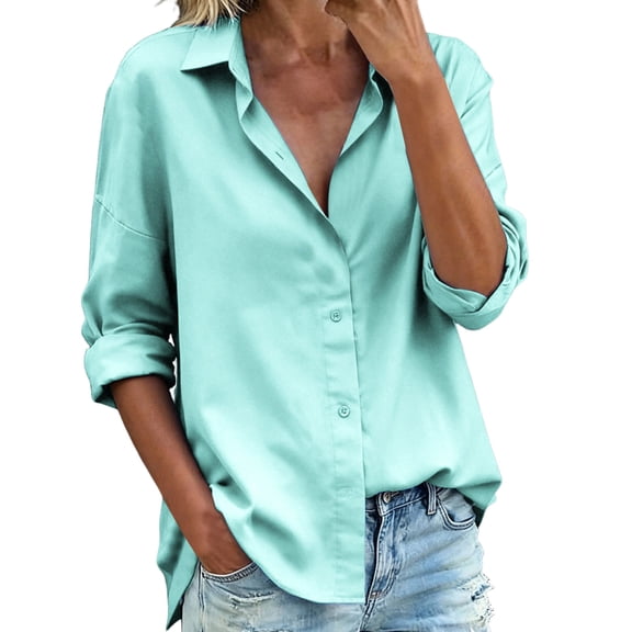 cocolona Long Sleeve Shirts for Women Solid Color Button Down Lapel Blouses Dressy Casual Fall Tops