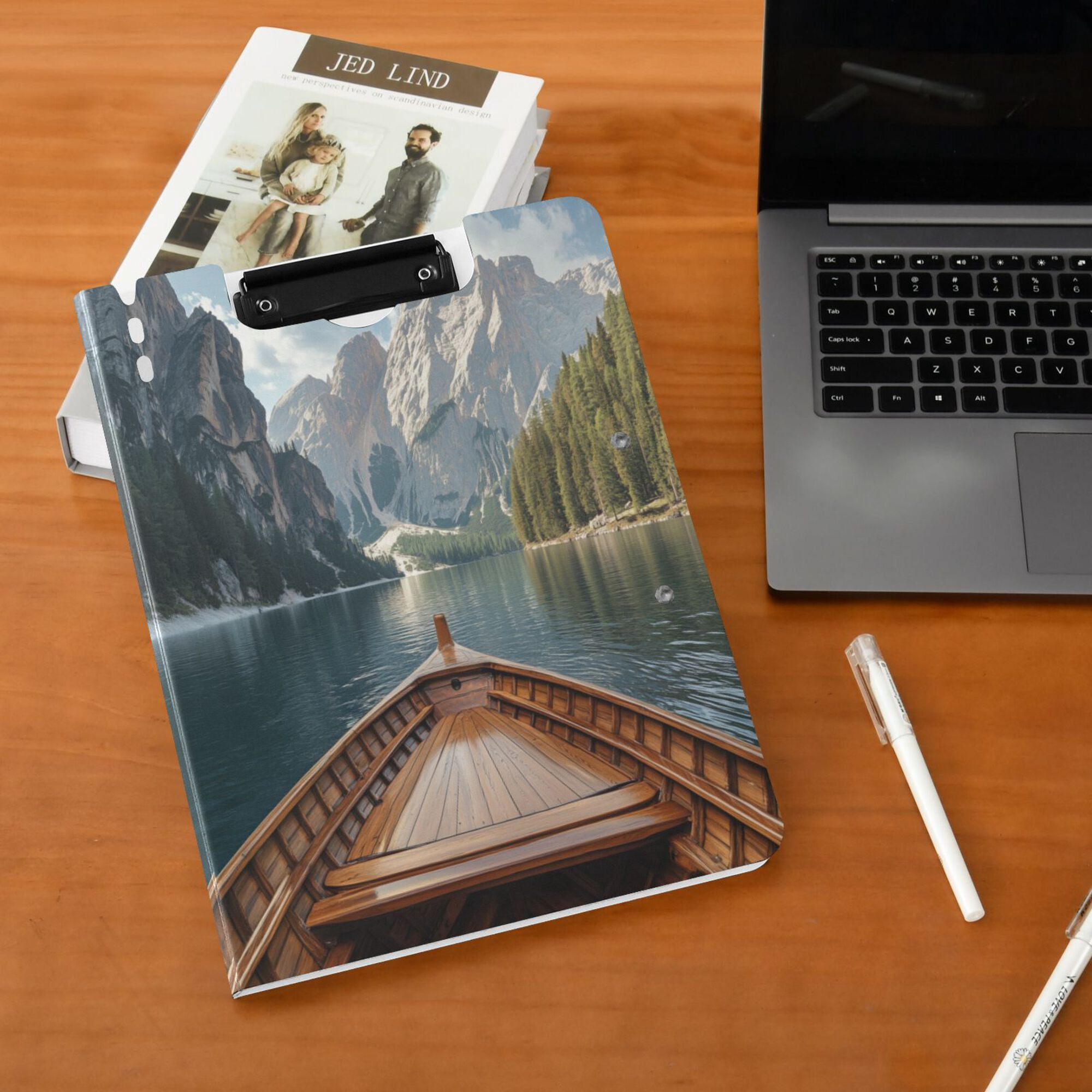 FORMRS A4 Clipboard Folder with Pen Holder Horizontal Foldable School Office Binder, Wooden Boat