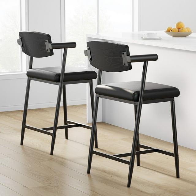 Bar Stools Set of 2 with Arms, 26" Counter Height Barstools Set with Back & Footrest, 2-Piece Modern Bar Stools Set with Heavy Duty Frame, Wide Seat for Counter Bar, Kitchen Island, Easy Assembly
