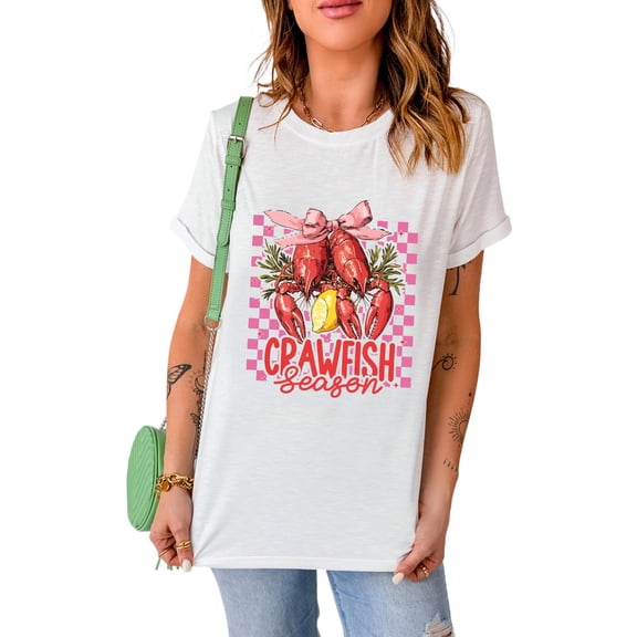 Women's White Checkerboard Crawfish Season Bow Crewneck T-Shirt - [ZhiHiMeRi] | (US 20-22)2XL