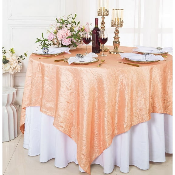 Wedding Linens Inc. 85" Square Crushed Crinkle Taffeta Table Overlay Toppers - Apricot / Peach