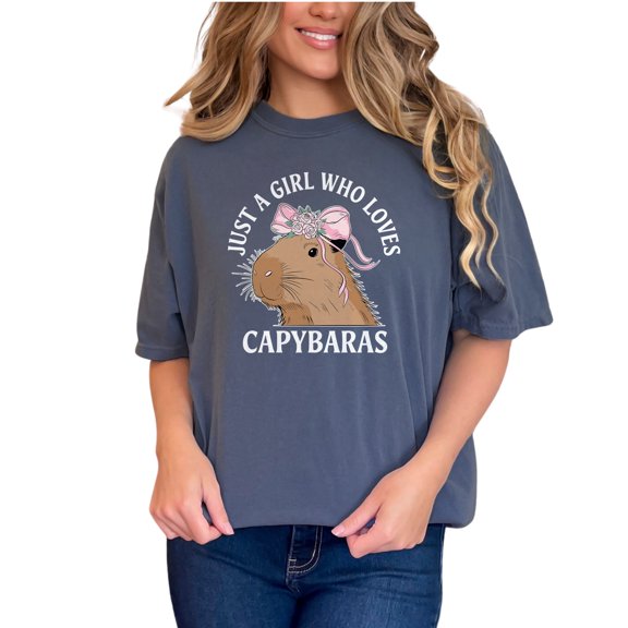 Just a Girl Who Loves Capybaras, Cute Capybara Print on T-Shirt, Funny Animal Graphic Tee, Women's Gift, Trendy Casual Wear, Denim Comfort Colors T-Shirt, Small