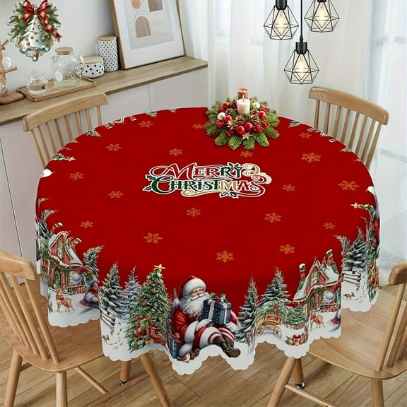 Likewised Christmas Tablecloth, Joyful Festive Classic Christmas Tablecloth, Festive Holiday Dining Table Cover Fall Tablecloths, Washable for Party Picnic Dinner Decor (Round)
