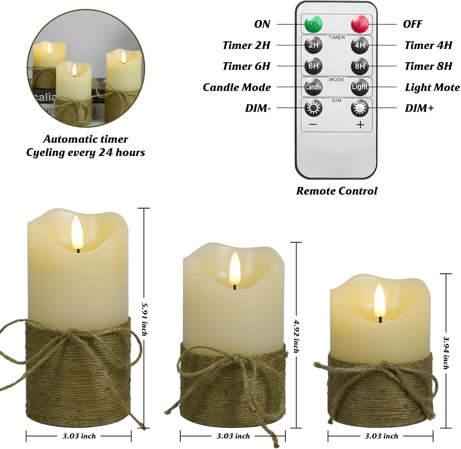 HomWamee Flameless Candles , Flickering Hemp Rope  with Remote Timer-3D , Set of 3  Battery Powered