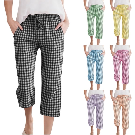 Tsesme Girl’s Plaid Capris Pants Straight Leg Elastic Waist Drawstring Trousers Loose Soft Casual Cropped Pants with Pockets 6-5 Years