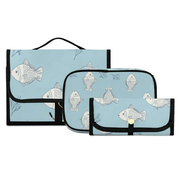 3-Piece Travel Toiletry Set with Cosmetic & Brush Organizer Water-resistant Travel Makeup Bag with Hanging Hook Toiletry Bag for Hotel Trips Cute Fish Pattern