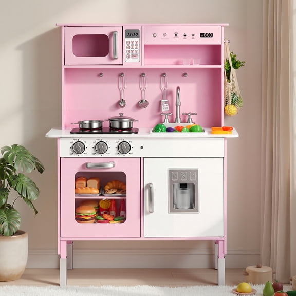 VEVOR Play Kitchen for Kids, Wooden, Kids Kitchen Playset with Real Lights & Sounds, Food & Cookware, Pretend Play Toy Set, Microwave, Oven, Clicking Knobs, for Toddlers, Girls & Boys Ages 3-8, Pink