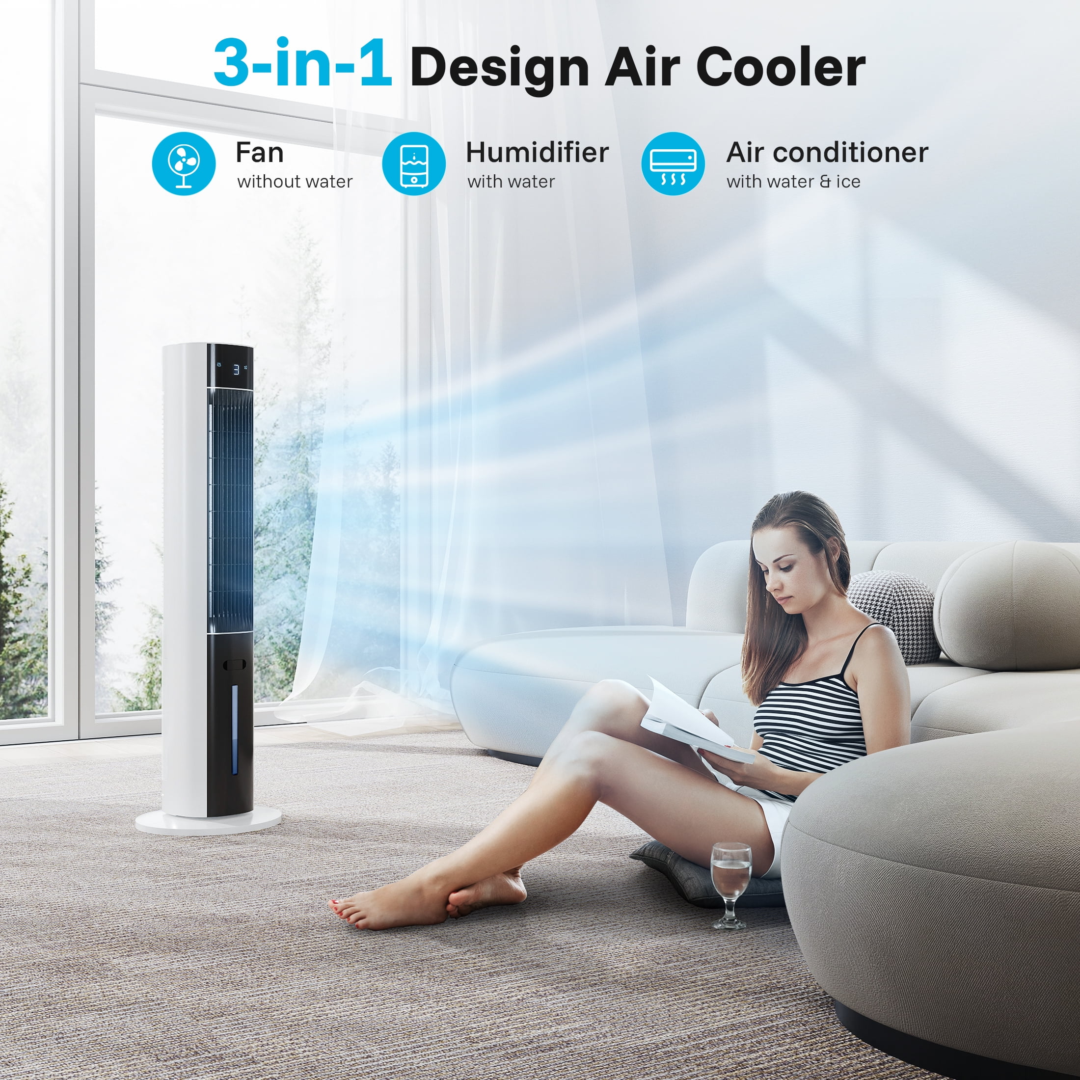 Flamemore Evaporative Air Cooler Portable Air Conditioners, 3-in-1 Oscillating Tower Cooler Fan & Humidify, White&Black