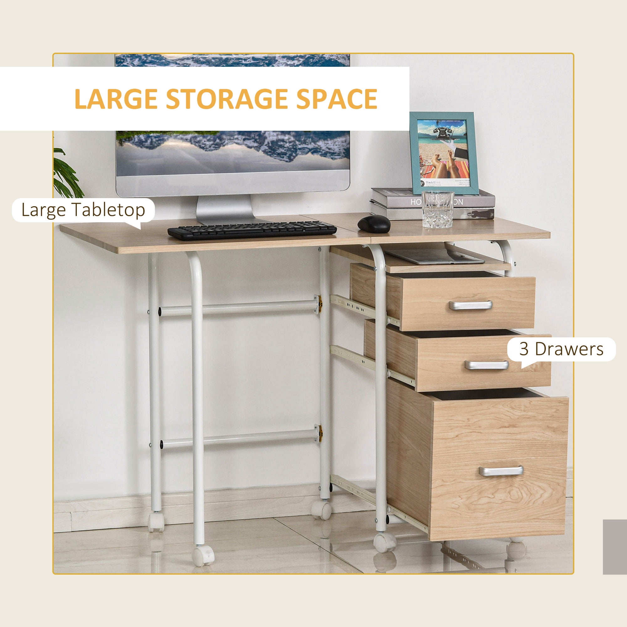 HOMCOM Table d'Ordinateur Table de Bureau avec Rangement 3 Tiroirs et 3