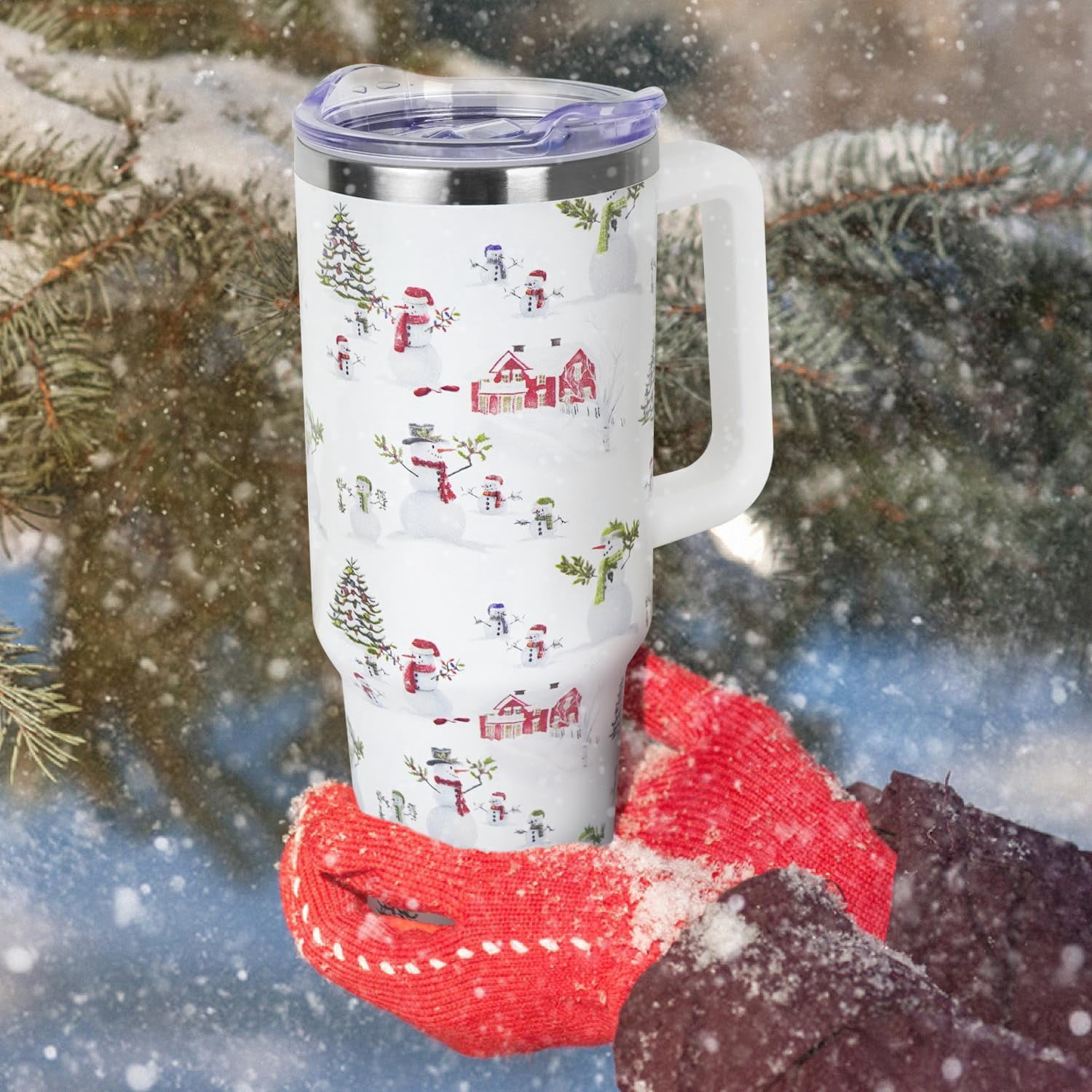 Christmas Gifts 40 oz Tumbler with Handle and Straw Lid,Cute Gifts for Women Snowman Xmas Tree Vacuum Insulated Leak Proof Tumbler,Winter Holiday Accessories Stainless Steel Coffee Cup Mug