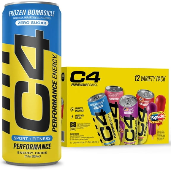 C4 Performance Energy Drink, Variety Pack with Cherry & Grape Popsicle, 12oz, 12 Pack Cans