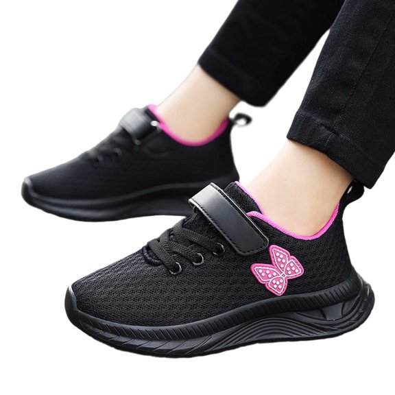 Gyujnb Girls' Bow Detail Mesh Sneakers with Hook and Loop Closure, Lightweight Breathable Sports Shoes (Toddler, Little Girls, Big Girls),5-6 Years