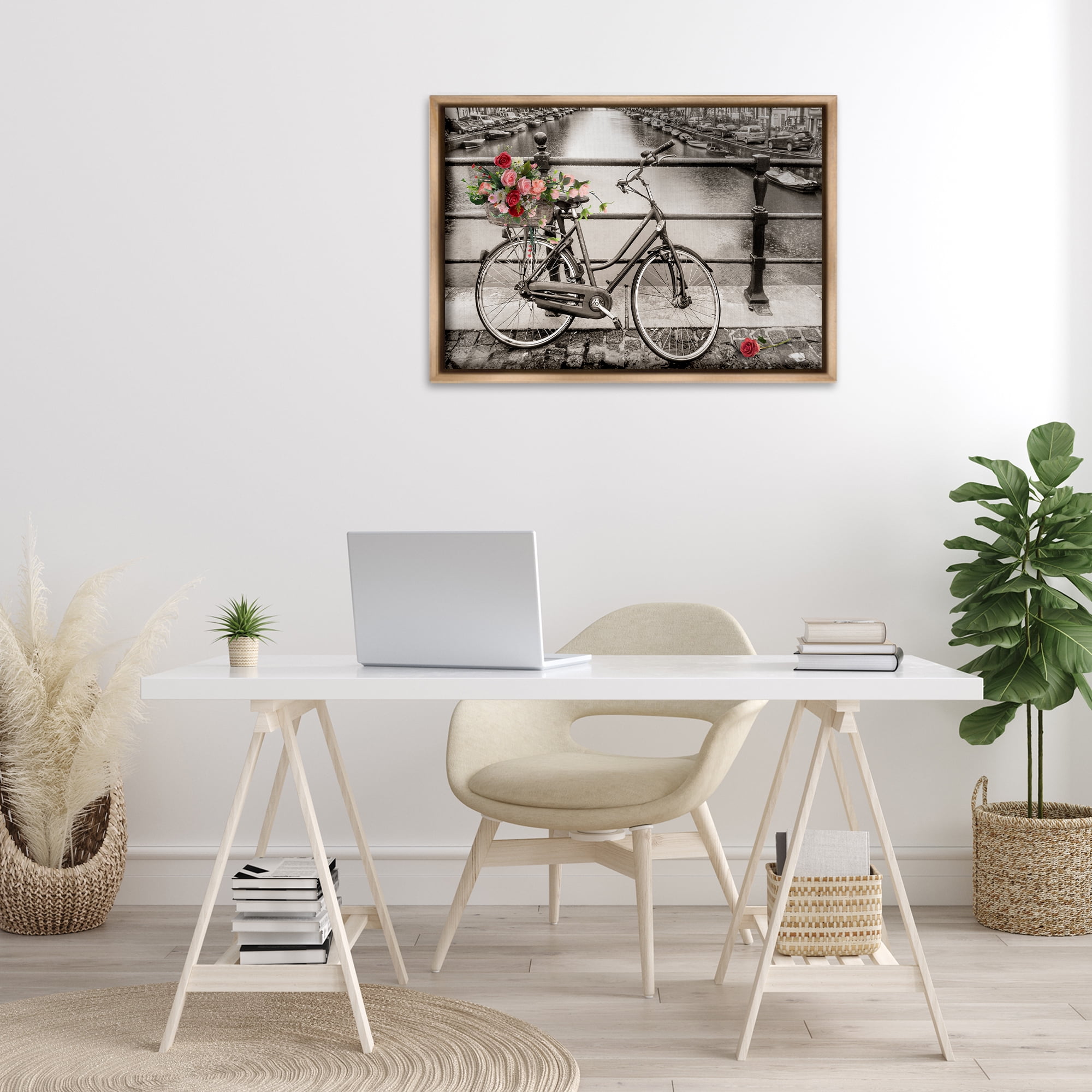 Stupell Industries Rose Filled Bike over Canal Transportation Painting Brown Floater Framed Canvas Art Print Wall Art, 31 x 21