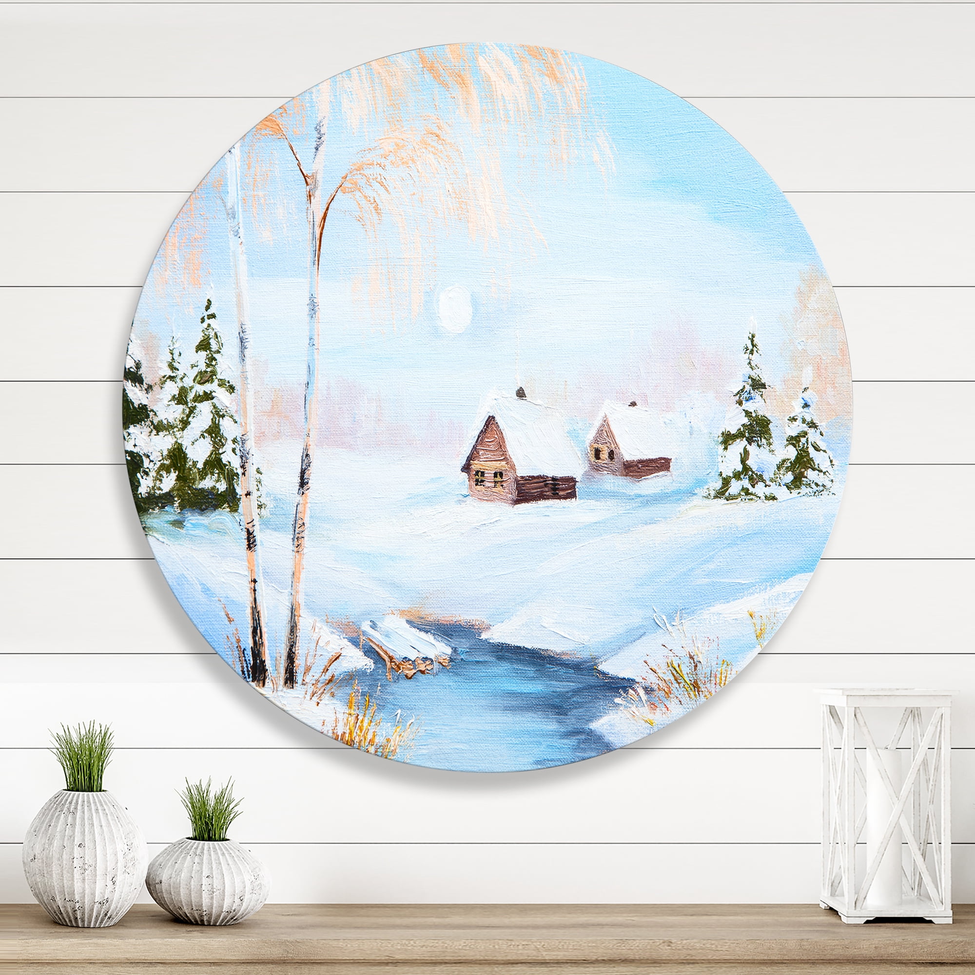 Designart 'Frozen River In The Forest Winter Landscape' Lake House Circle Metal Wall Art 23x23 - Disc of 23
