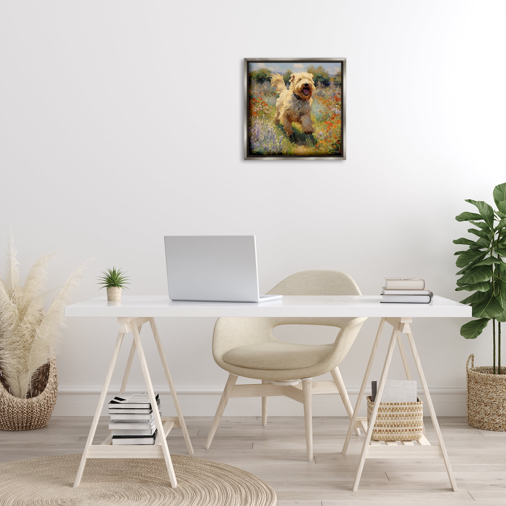 Stupell Industries Happy Running Terrier Dog Animals & Insects Painting Gray Floater Framed Canvas Art Print Wall Art, 18 x 18