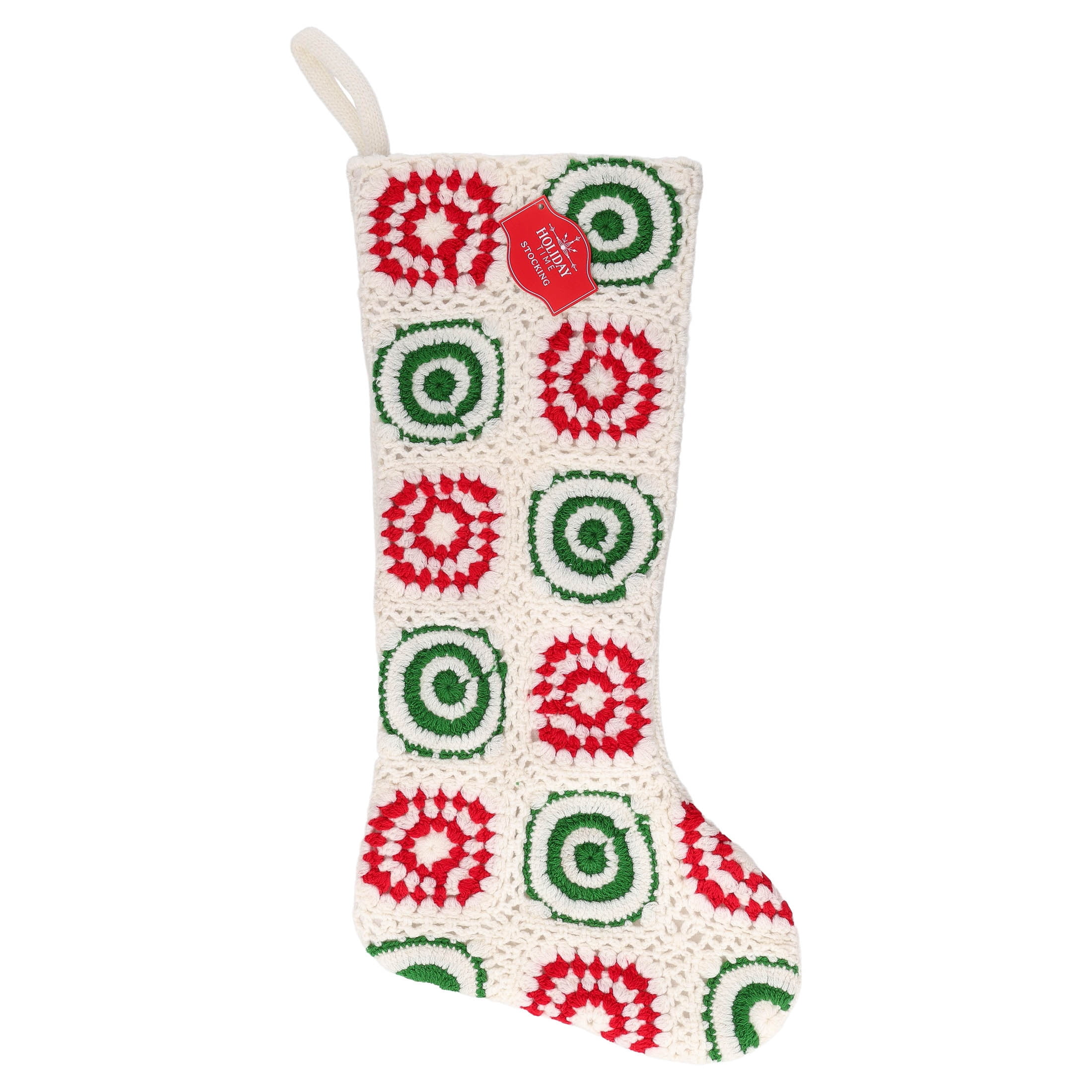 Crochet Christmas Stocking, White/Red/Green, 19", by Holiday Time