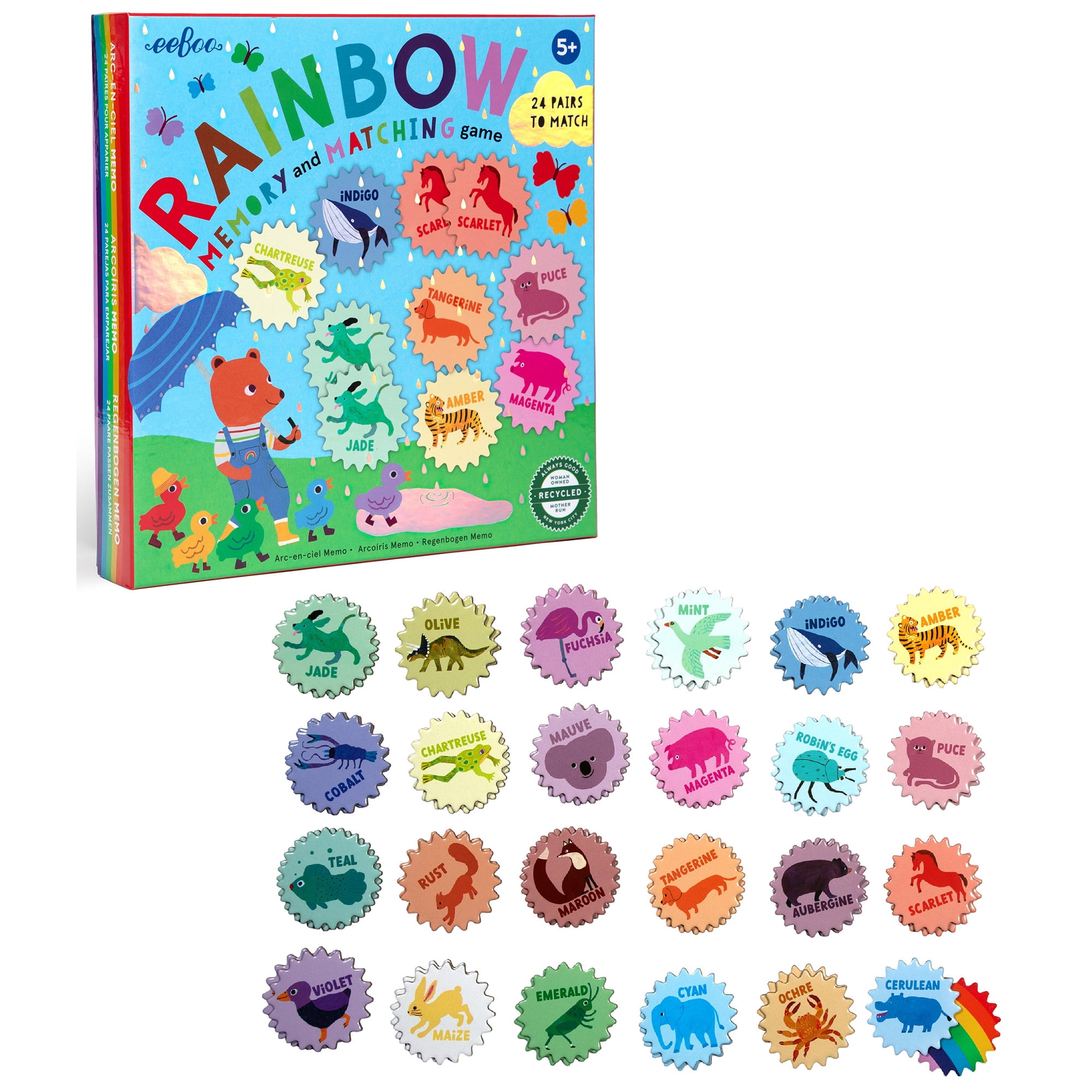 eeBoo: Rainbow Memory Matching Game - 24 Pairs To Memorize & Match, Colors & Animals, Encourages Recognition, Concentration Skills, Kids Ages 5+