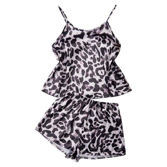 Sakmal Sleeveless Pajamas Set for Women Shorts Pant Black Comfy Leopard Print Camisole Nightwear Tops for Ladies