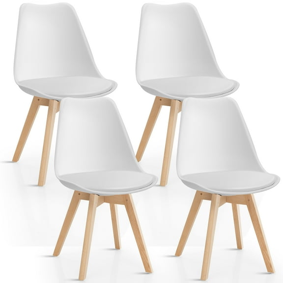 Costway Set of 4 Dining Chair Mid Century Modern Shell PU Seat w/ Wood Leg-White