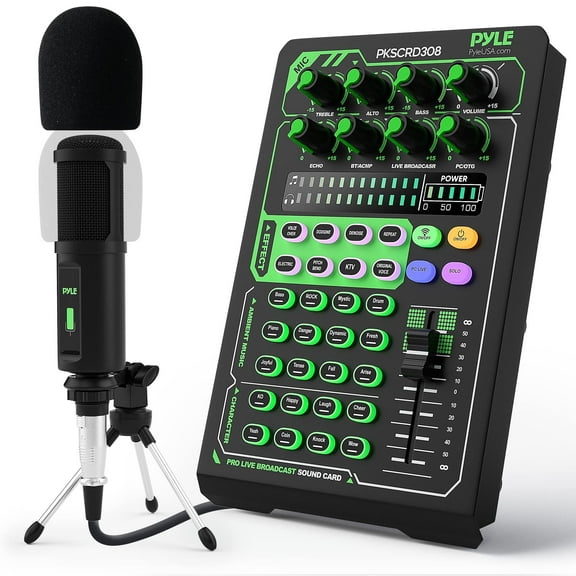 Pyle Portable Bluetooth Live Broadcast Sound Card Pro Audio Interface DJ mixer Condenser w/Microphone Set, for Streaming Podcasts Studio, Recording PC, Gaming, Phone, w/FX, Ambient Sounds