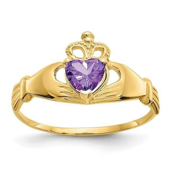 Finest Gold 14K Yellow Gold CZ February Birthstone Claddagh Heart Ring - Size 7